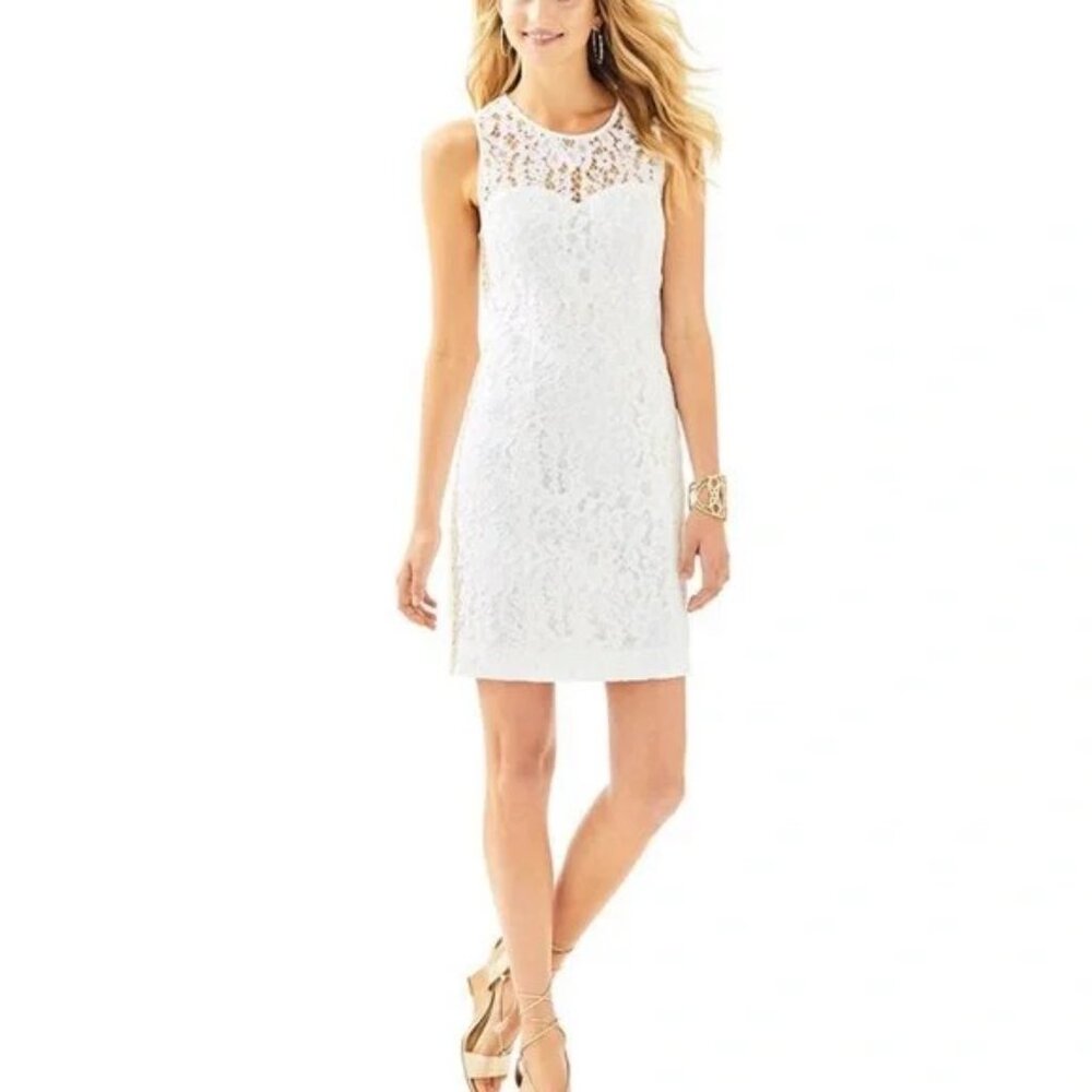 Lilly Pulitzer‎ Mila Shift Mini Dress Corded Floral Lace Gold Trim Size 0